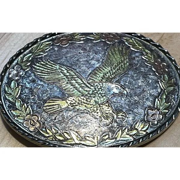 Vintage Eagle Belt Buckle Made In USA Mixed Metal Silver Gold Copper Oval - Image 2
