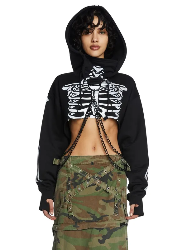 Dolls Kill Trickz N' Treatz Flesh N' Bones Reflective Skeleton Hoodie w Chains S - Image 11