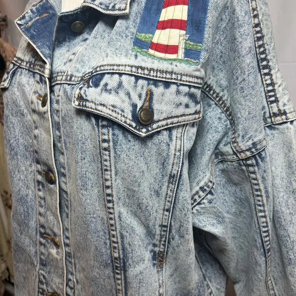 VTG 90s Ocean Denim Acid Wash Lighthouse Jacket Scenic Art Oversized XL - Image 8