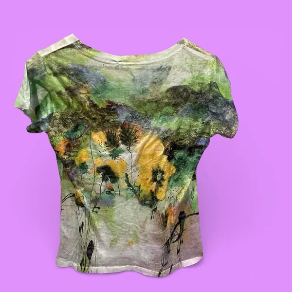 Cute vintage Y2K floral burnout bling top short sleeve mountains wildflower moss - Image 3
