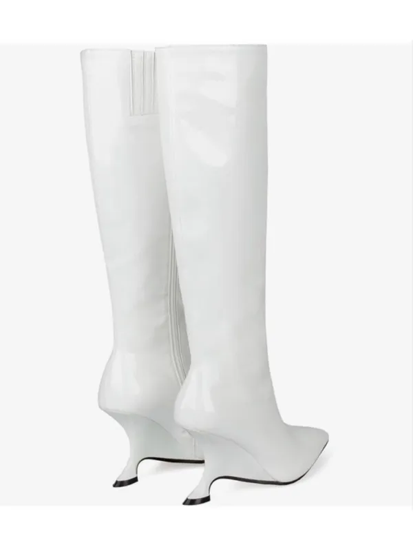 NEW White Patent Metallic Boots Knee High Sculptural Wedge Heel Boots 8.5 - Image 7