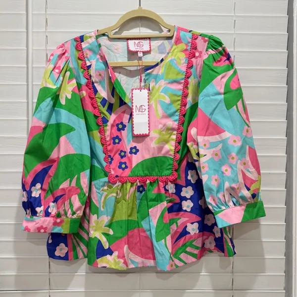 NEW $188 Mary George Stella Top Sz M Bright Color Paradise Punch RicRac Cotton - Image 5