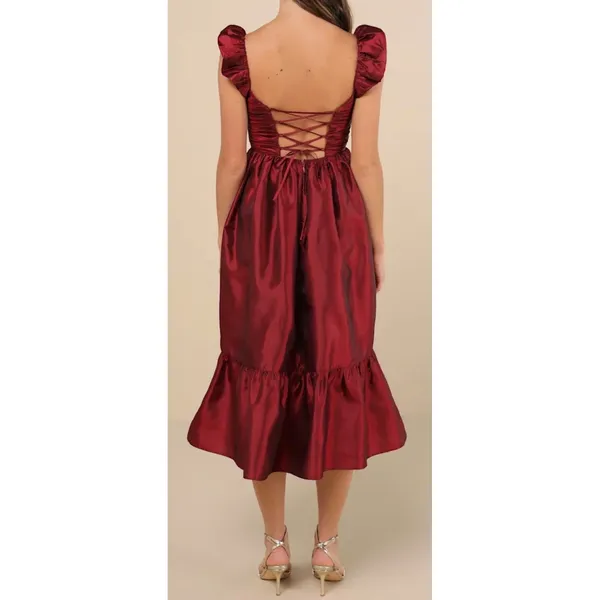 NWT Lulus Size XS Poised Passion Wine Red Taffeta Pleated Ruffled Midi Dress - Image 2