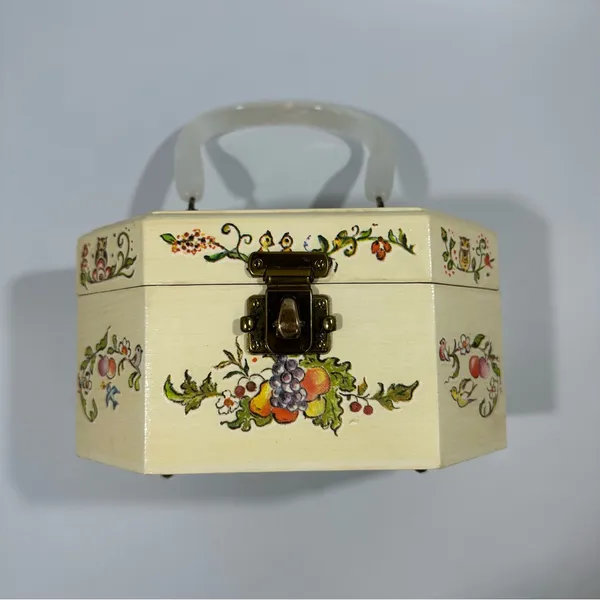 Vintage Floral Wood Octagonal Box Purse Cottagecore Fairy Coquette Birds Animals - Image 4