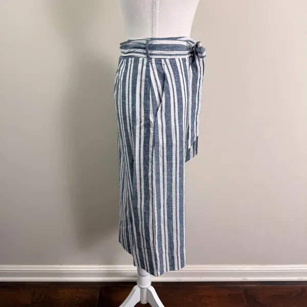GAP Blue White Striped Linen Blend Wrap Midi Skirt Tie Waist Pockets Nautical - Image 2