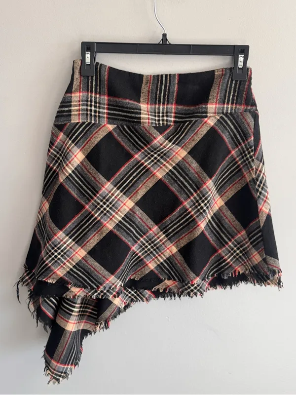 Threadbare Yana Plaid Asymmetrical Fringe Mini Skirt Gray XS US 4 NWT - Image 3