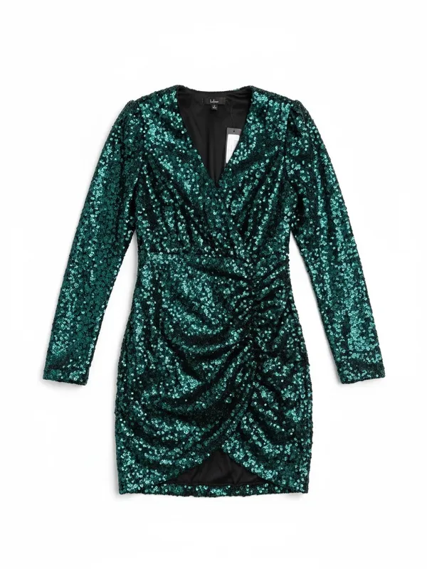 Lulus‎ Get Festive Emerald Green Sequin Mini Dress Small NWT Ruched Bodycon - Image 4