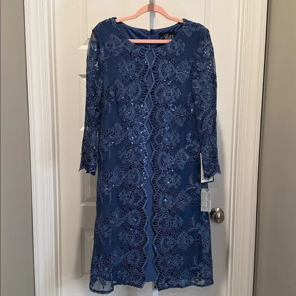 Alex Evenings Navy Sequin Lace‎ Jacket Dress Set 6 NWT Wedding Party Formal - Image 4