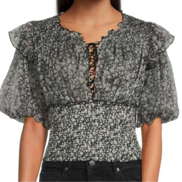 Free People Beatrice Mesh Blouse Top Floral Printed Ruffle Smocked Sz L - Image 3