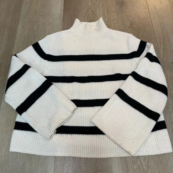 Banana Republic Wool Blend Striped White and Black Bell Sleeve Sweater - Image 2