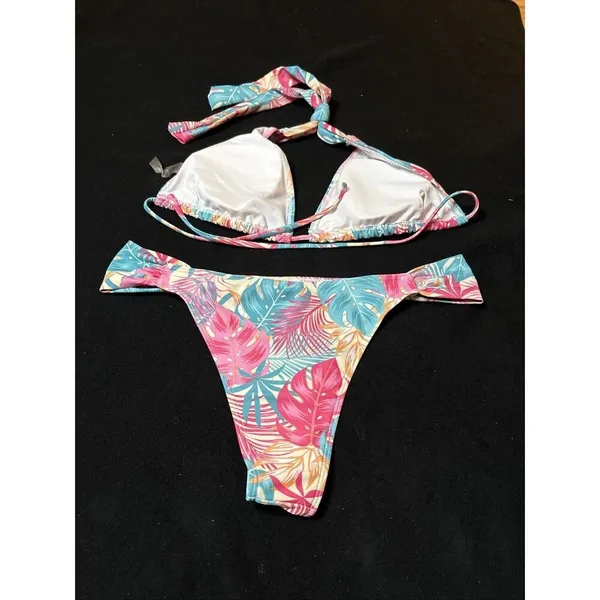 Womens Coral Floral 2 PC Bikini SZ L Top & Bottom Swimsuit - Image 5
