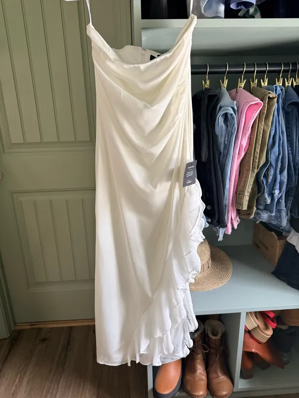 Lulus Graceful Perfection White Satin Ruffled Strapless Dress - Image 2