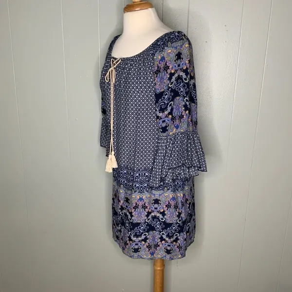 Altar’d State Blue/White/Lavender Boho Bell Sleeve Mini Dress Tunic S - Image 4