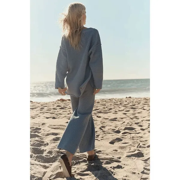 Free People Beach Hailee Gray waffle-Knit Cropped Wide Leg Pants Small - Image 8