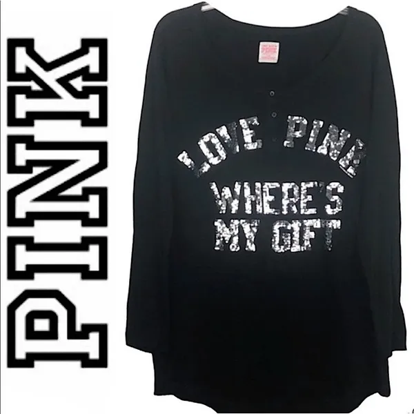 Victoria’s Secret Pink Vintage Where’s My Gift Sequin Black Pajama Sleep Shirt M - Image 2