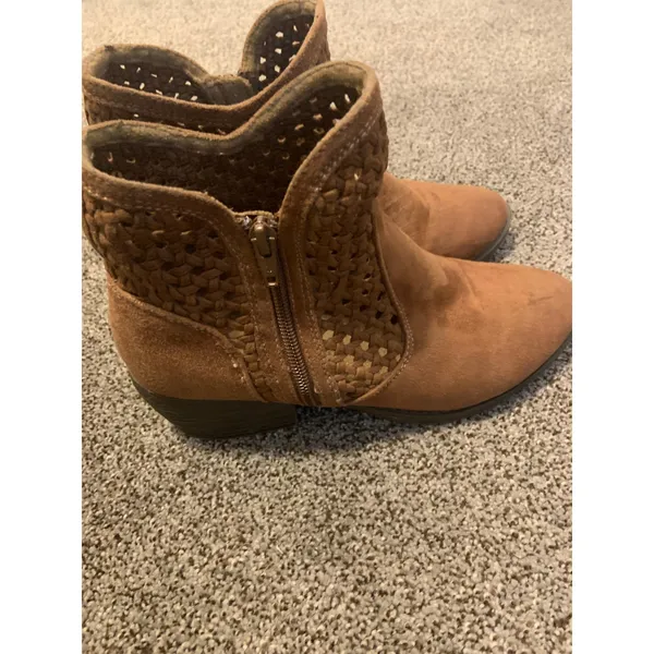 Mudd Ankle Boots Womens 8 Brown Good Woven Faux Suede Pointed Toe Stacked Heel - Image 6