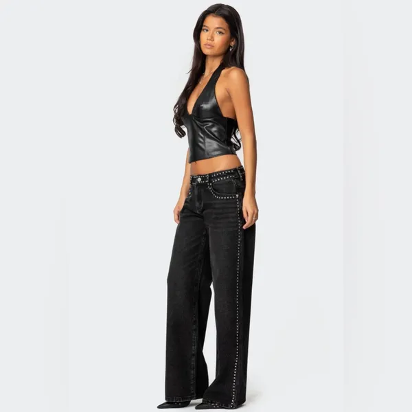 NWOT Edikted Quincy Studded Low Rise Baggy Jeans- Washed Black - Image 2