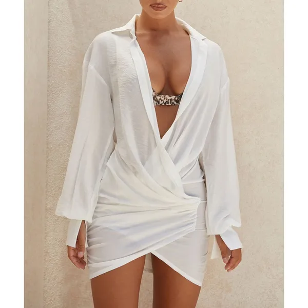 House of CB Dress carys open mini shirt womens White (large) preppy sexy resort - Image 6