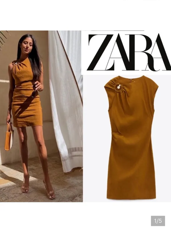 New Zara One-Shoulder Brown Mini Dress with Ring Detail Vacation Linen - Image 7
