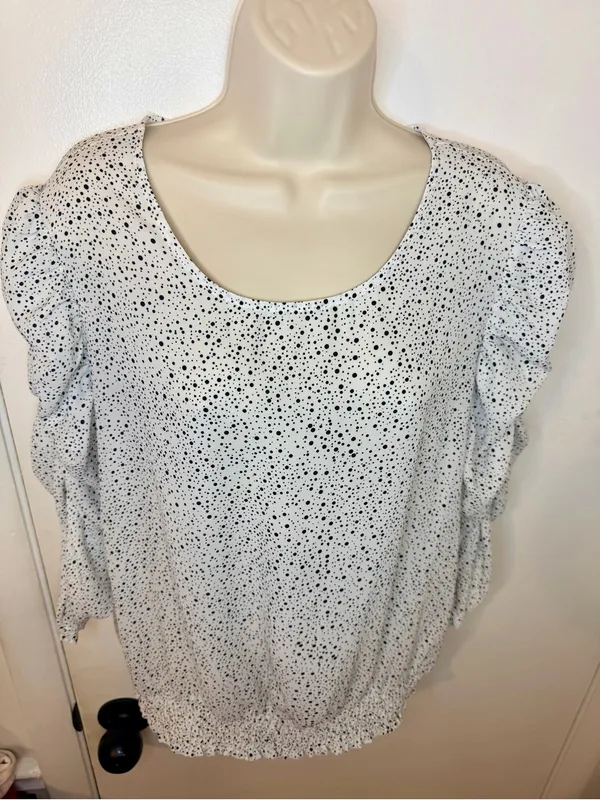 Adrianna Papell Polkadots Print Smocked 3/4 Sleeve Blouse White Black M - Image 4
