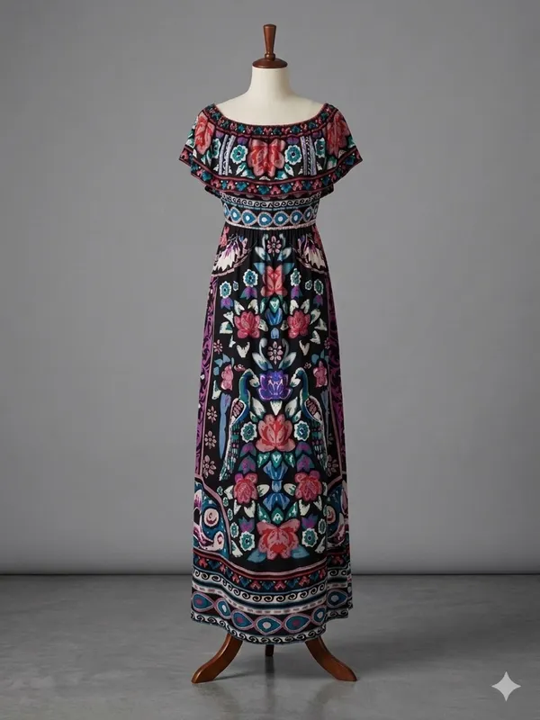 Flying Tomato Bohemian Floral Print Off-the-Shoulder Peacock Maxi Dress Size M - Image 3