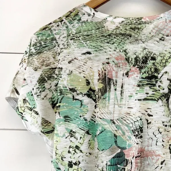 Tryst Womens S T-Shirt‎ Twist Front Round Neck Abstract Green Pink White Active - Image 4