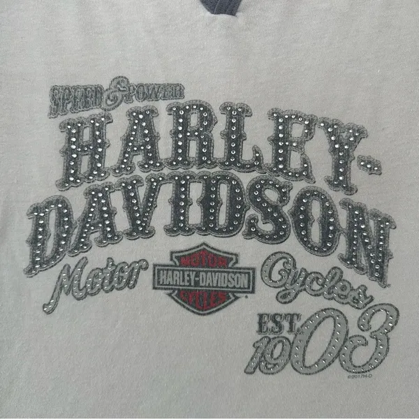 Harley Davidson 3/4 Sleeve Raglan Shirt Durham NC Bedazzled Women’s Medium - Image 2
