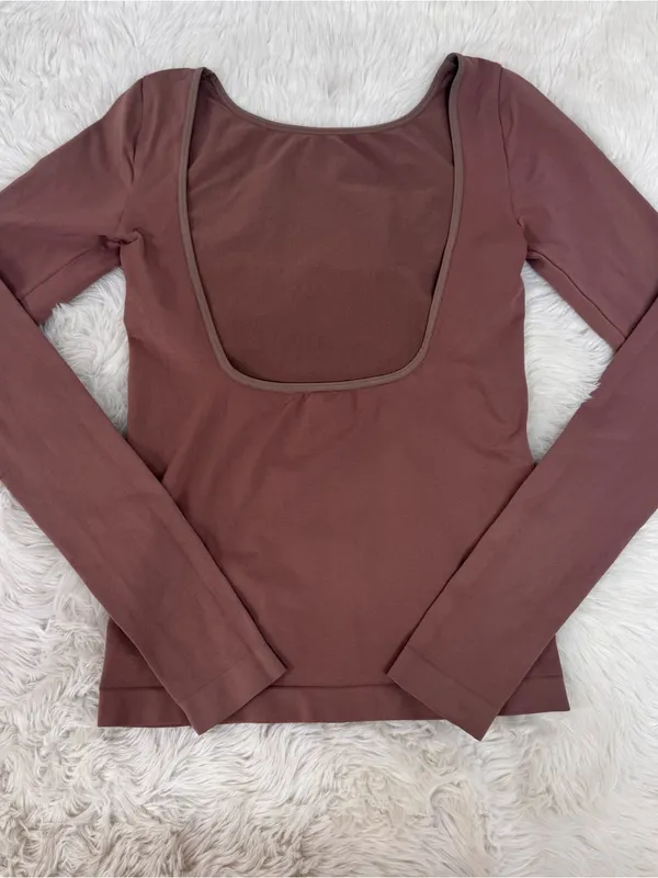 FREE PEOPLE Low Back Long Sleeve‎ Tee Top Medium Large Brown Seamless Ballet New - Image 4