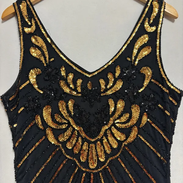 Babeyond Flapper Dress Black Gold Sequin Fringe Gatsby 1920s Costume Party‎ L - Image 6