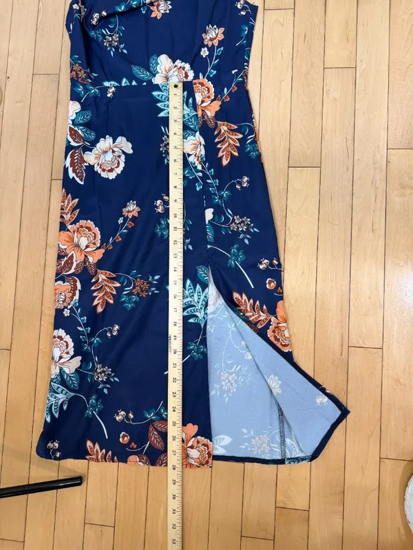 Drape Neck Floral Tank Dress with Side Slit Size Small Navy - Image 8