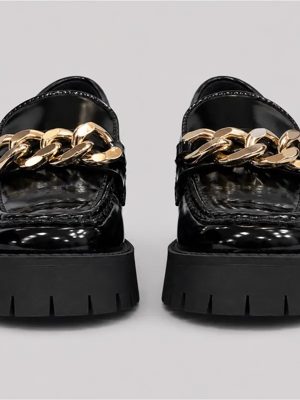 GUESS Hillford Chunky Women Loafer Black Patent Gold Chain Platform Lug Sole 9.5 - Image 5