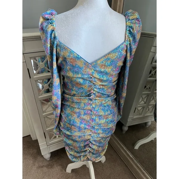 SAYLOR Multicolour Sequin Ruched Bodycon Dress Small Long Sleeve Mini - Image 14