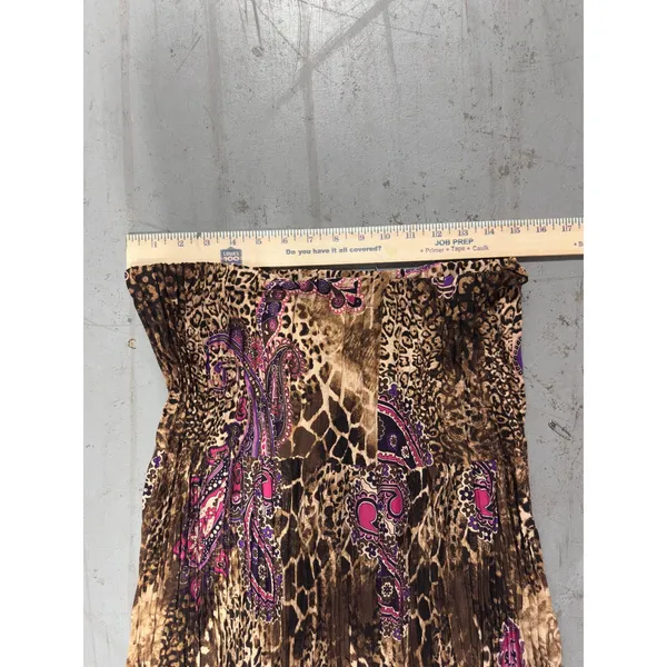 Y2k Leopard Paisley Print Pleated Midi Skirt Purple Brown Smocked Waist Medium - Image 2