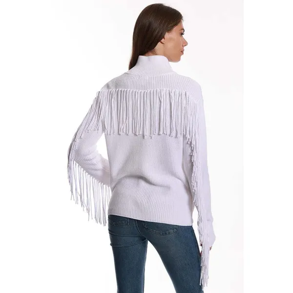 Minnie Rose White Cotton Shaker Mock Neck Zip Up Fringe‎ Jacket 8912 New - Image 2