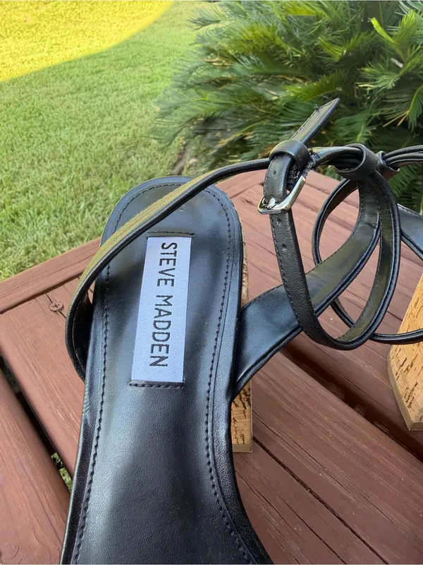 Steve Madden Warped Black Leather Cork Platform Sandals 8.5M $125 Retail - Image 3