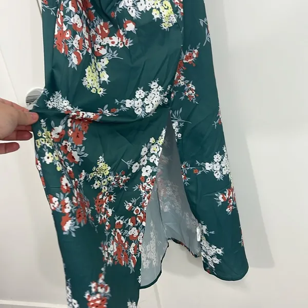 Medium Green, White Floral Tie Front Faux Wrap Midi Dress - Image 10