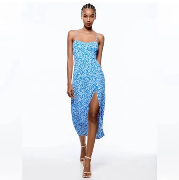 ZARA Blue & White Floral Printed Cami Midi Dress - Size XS 💙✨ - Image 3