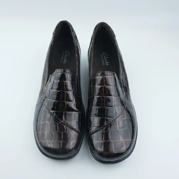 Clarks Loafers Women 8M Brown Croc‎ Embossed Patent Wedge Bendables 38634 - Image 4