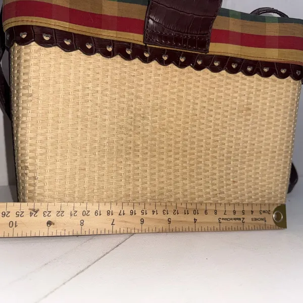 Vintage Brighton Style Y2K Handbag Brown‎ Leather Hearts Trim Plaid Straw Purse - Image 7