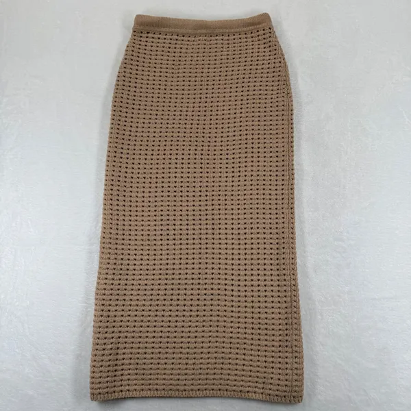 Reformation XS‎ Tan Organic Cotton Open Knit Crochet Midi Skirt Pointelle Camel - Image 7