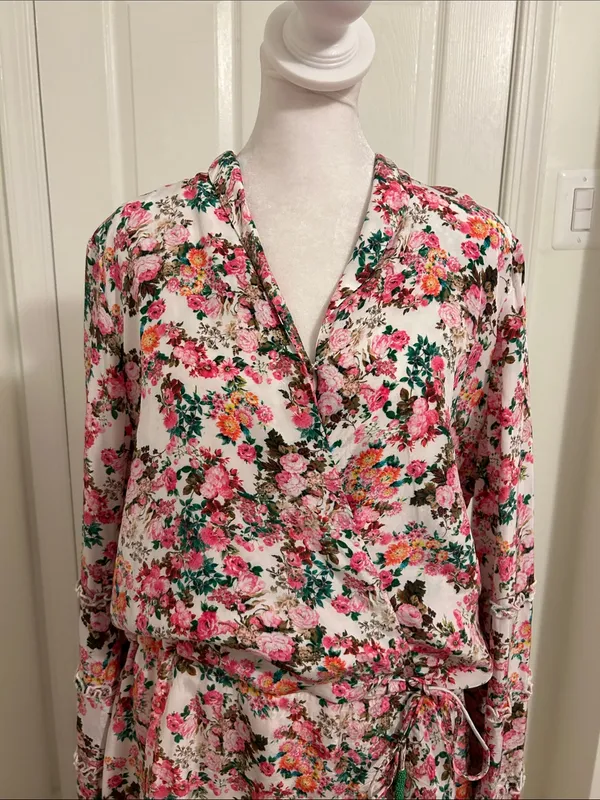 Rococo Sand Vie Floral Ruffle Mini Dress New Size Large Beaded Tie Resortwear - Image 5