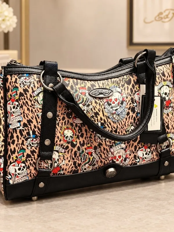 Ed Hardy Leopard Tattoo Skull Rhinestone Satchel Crossbody NWT - Image 3