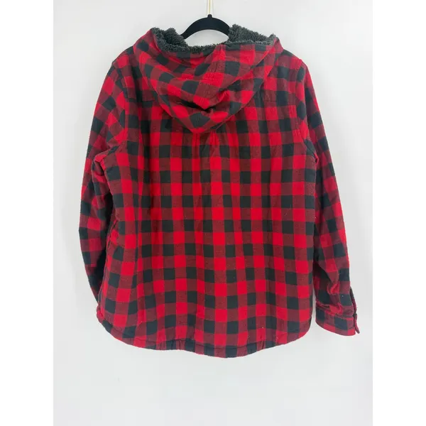 LL Bean Hooded Jacket Women Large L Red Buffalo Plaid Sherpa Lined Gorpcore - Image 6