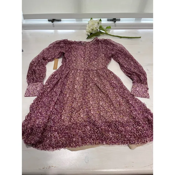 OPT XS Purple Floral Print Ruffle‎ Long Sleeve Mini Dress Bohemian - Image 8