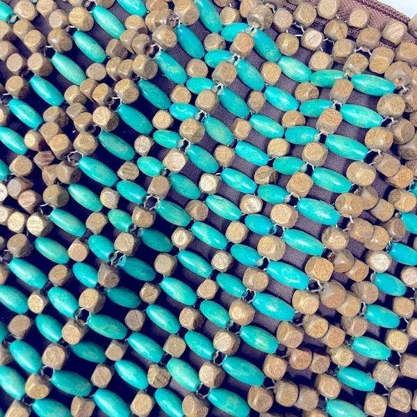 Vintage 80’s Wooden Beaded Purse Turquoise & Natural Wood Handbag Boho - Image 4