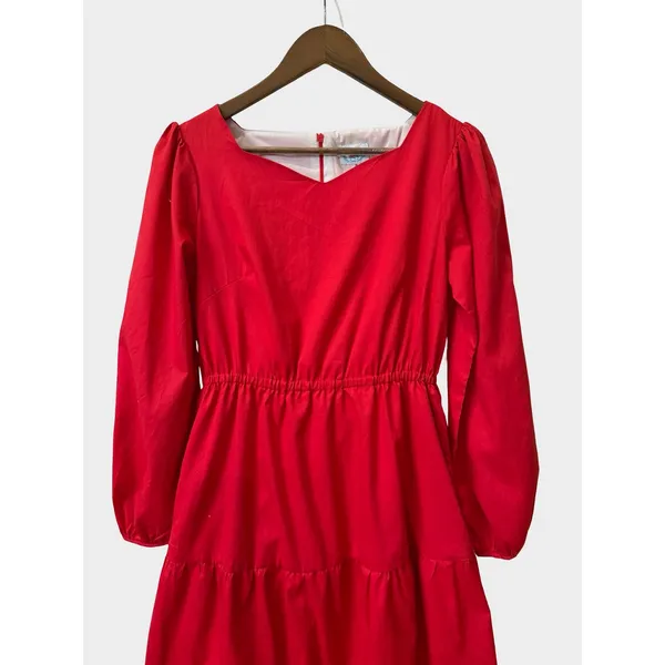 Busy Bees Smocks Cherry Red Prairie Cottagecore Tiered‎ Midi Dress Medium - Image 3