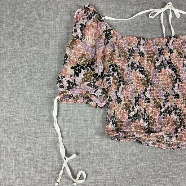 Free People Blouse Womens Small Off Shoulder Puff Sleeve Cropped Floral - Image 2