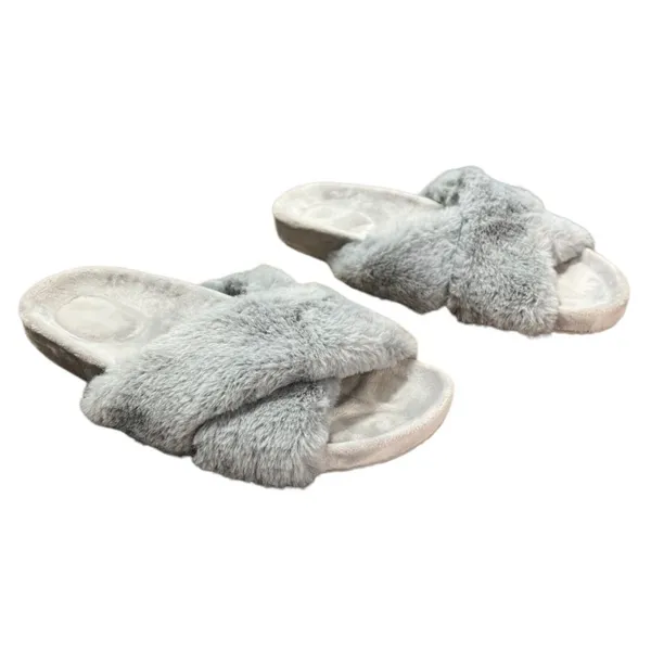 Fitory Slippers Womens Size 7 Gray Cross Band Plush Slip On Slides Cozy‎ Casual - Image 4
