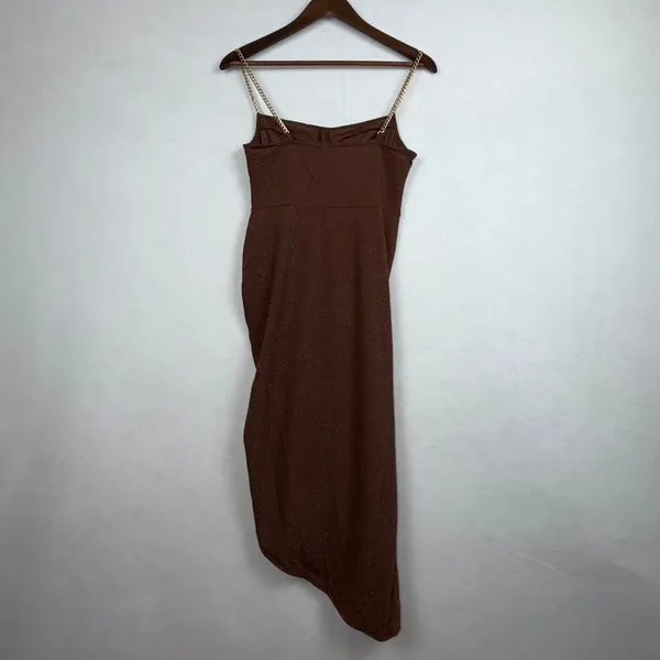 Cider Dress Women Small Brown Shimmer Ruched Chain Strap Asymmetrical Midi Glam - Image 5