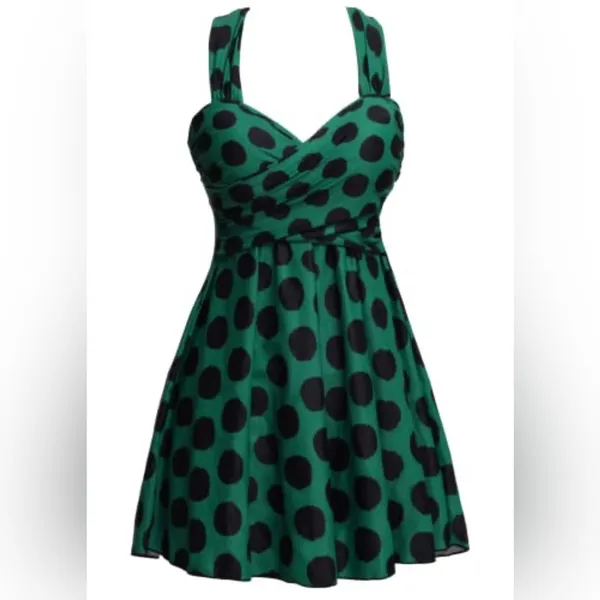 Vibrant Green Polka Dot Mini Dress Size M - Image 2